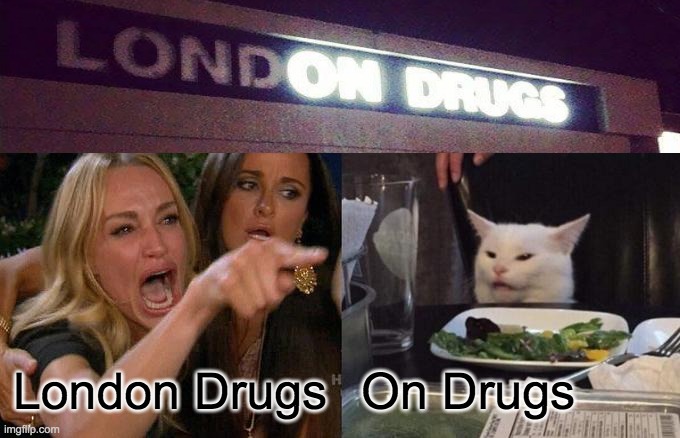 Woman vs Cat in Drugs | London Drugs; On Drugs | image tagged in memes,woman yelling at cat,drugs | made w/ Imgflip meme maker