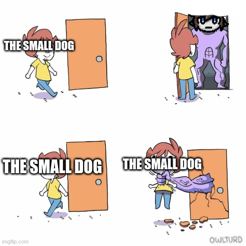 owlturd door | THE SMALL DOG THE SMALL DOG THE SMALL DOG | image tagged in owlturd door | made w/ Imgflip meme maker