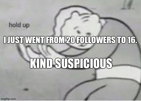 Hol up | I JUST WENT FROM 20 FOLLOWERS TO 16. KIND SUSPICIOUS | image tagged in hol up | made w/ Imgflip meme maker