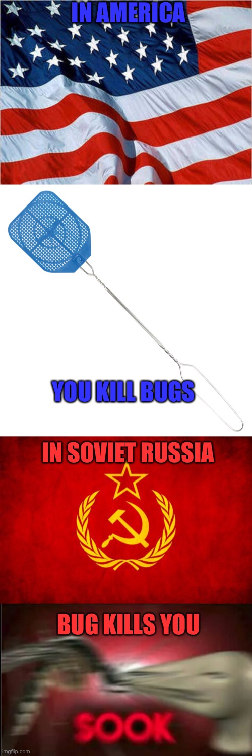 meme man gets SOOKED by mosquite | IN AMERICA; YOU KILL BUGS; IN SOVIET RUSSIA; BUG KILLS YOU | image tagged in in soviet russia | made w/ Imgflip meme maker