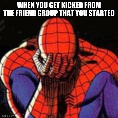 Sad Spiderman |  WHEN YOU GET KICKED FROM THE FRIEND GROUP THAT YOU STARTED | image tagged in memes,sad spiderman,spiderman | made w/ Imgflip meme maker