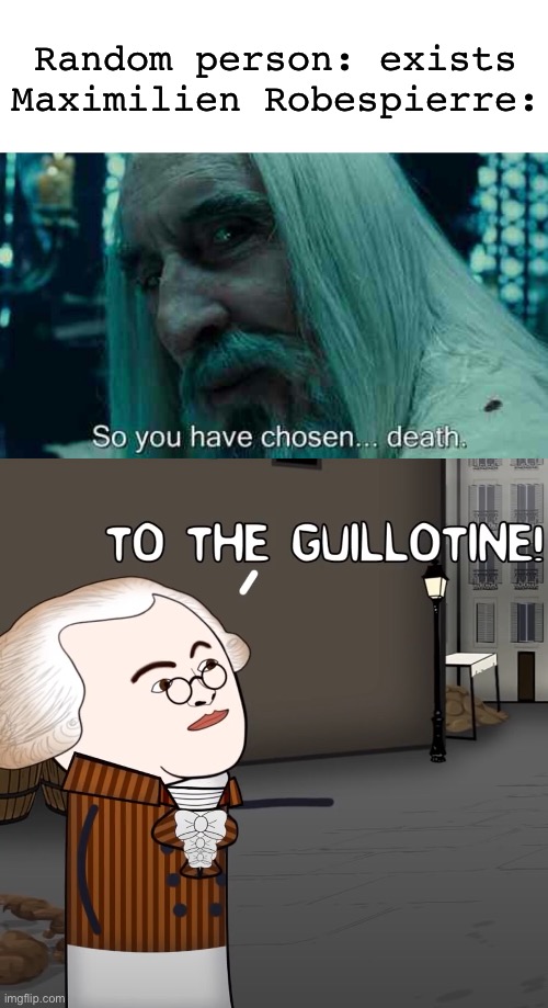 reign of terror | Random person: exists
Maximilien Robespierre: | image tagged in so you have chosen death,to the guillotine | made w/ Imgflip meme maker