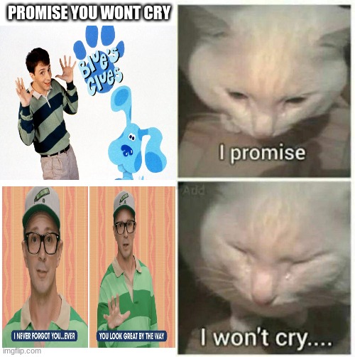 *sob* I MISS STEVE | PROMISE YOU WONT CRY | image tagged in i promise i won't cry,memes,nostalgia,blues clues,steve | made w/ Imgflip meme maker