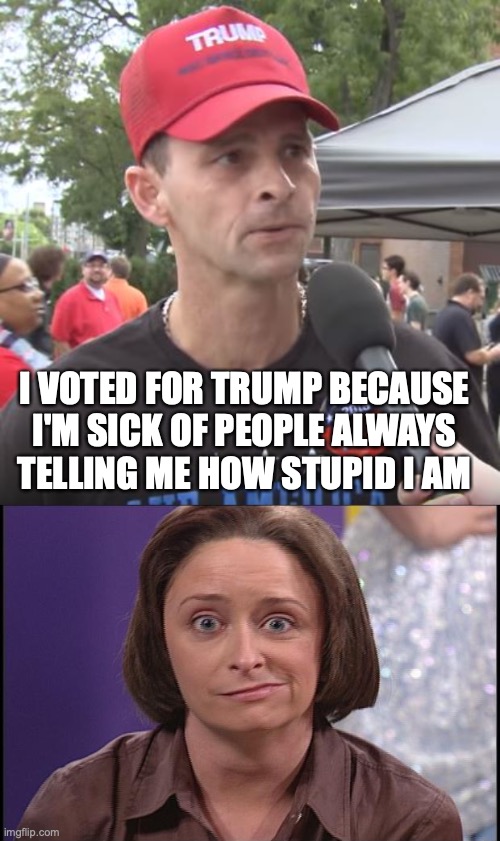 I VOTED FOR TRUMP BECAUSE I'M SICK OF PEOPLE ALWAYS TELLING ME HOW STUPID I AM | image tagged in trump supporter,debbie downer | made w/ Imgflip meme maker