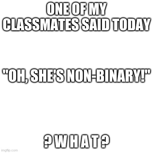 ._. | ONE OF MY CLASSMATES SAID TODAY; "OH, SHE'S NON-BINARY!"; ? W H A T ? | image tagged in memes,blank transparent square | made w/ Imgflip meme maker