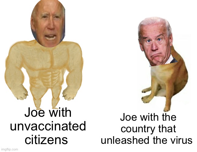 Joe, tough on citizens, not on anyone else. | Joe with unvaccinated citizens; Joe with the country that unleashed the virus | image tagged in memes,buff doge vs cheems,joe biden,politicians suck,hypocrisy | made w/ Imgflip meme maker