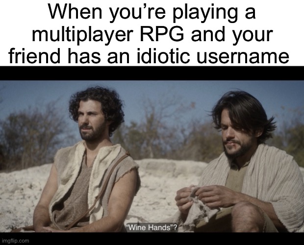  When you’re playing a multiplayer RPG and your friend has an idiotic username | image tagged in blank white template,the chosen,rpg,mmorpg,roleplaying,team | made w/ Imgflip meme maker