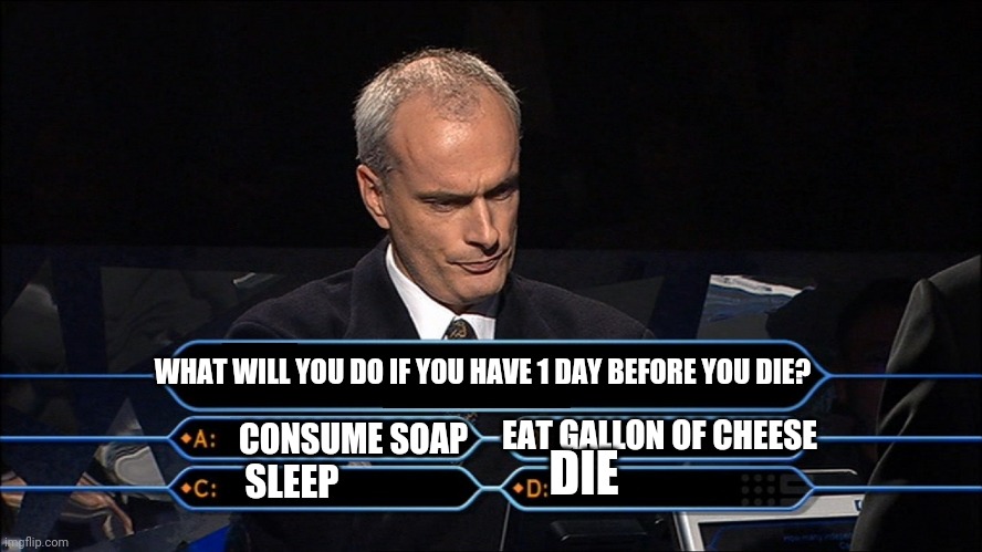 Omg. When you have nothing better to do |  WHAT WILL YOU DO IF YOU HAVE 1 DAY BEFORE YOU DIE? DIE; CONSUME SOAP; EAT GALLON OF CHEESE; SLEEP | image tagged in who wants to be a millionaire,memes,funny,bored,random | made w/ Imgflip meme maker