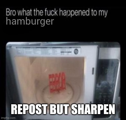 Dew it | hamburger; REPOST BUT SHARPEN | image tagged in bro what the frick happened to my blank | made w/ Imgflip meme maker