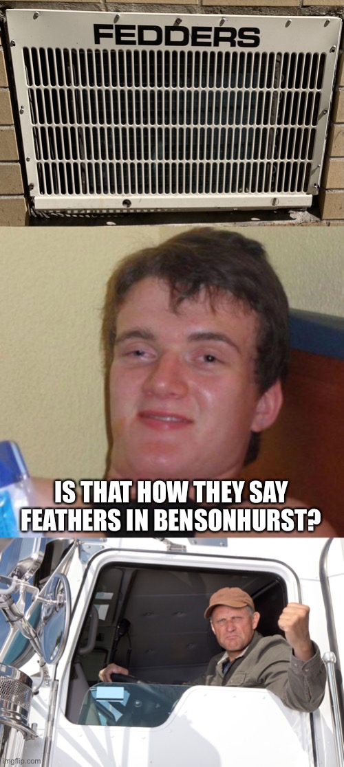 IS THAT HOW THEY SAY FEATHERS IN BENSONHURST? | image tagged in stoned guy,angry truck driver | made w/ Imgflip meme maker