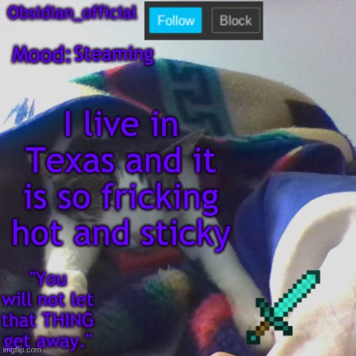 Ugh | Steaming; I live in Texas and it is so fricking hot and sticky | image tagged in obsidian_official's template2 | made w/ Imgflip meme maker