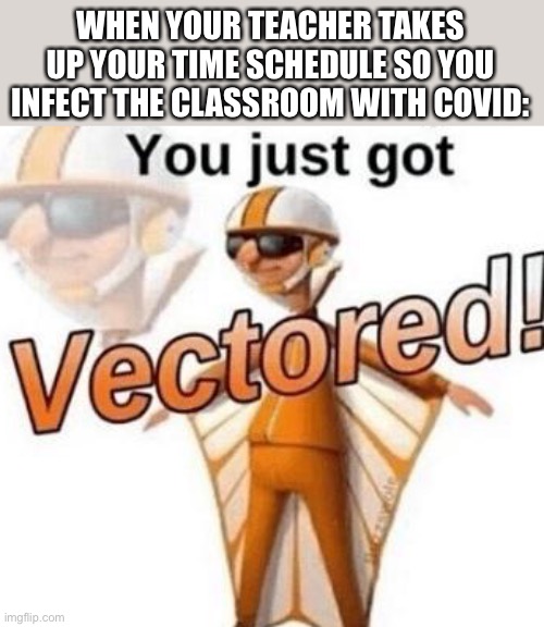 this isn’t nice | WHEN YOUR TEACHER TAKES UP YOUR TIME SCHEDULE SO YOU INFECT THE CLASSROOM WITH COVID: | image tagged in you just got vectored | made w/ Imgflip meme maker