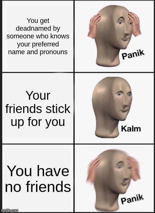 pain | You get deadnamed by someone who knows your preferred name and pronouns; Your friends stick up for you; You have no friends | image tagged in memes,panik kalm panik | made w/ Imgflip meme maker