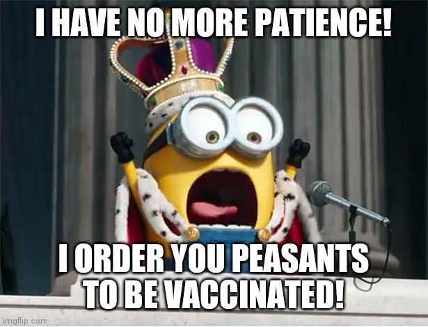 King Biden. You people that cried Trump was a Dictator just show us your party loyalty and hypocrisy. | I HAVE NO MORE PATIENCE! I ORDER YOU PEASANTS TO BE VACCINATED! | image tagged in minions king bob,biden,dictator,covid-19,democrats | made w/ Imgflip meme maker