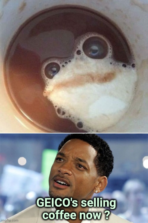 Drink it in 15 minutes |  GEICO's selling coffee now ? | image tagged in gecko,so anyway i started blasting,coffee,creepy,starbucks,well yes but actually no | made w/ Imgflip meme maker