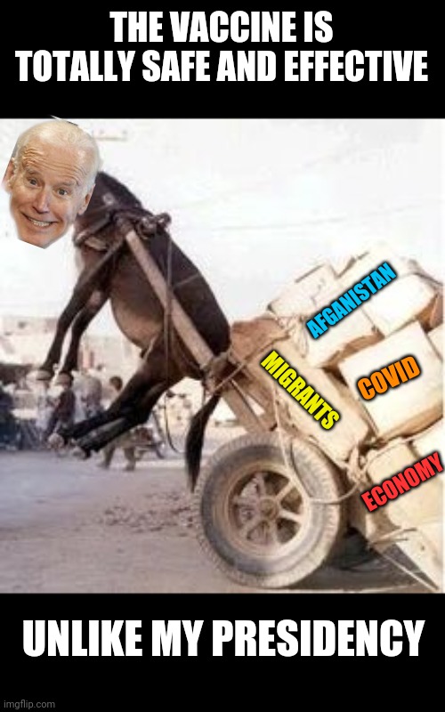 But at least no mean tweets! | THE VACCINE IS TOTALLY SAFE AND EFFECTIVE; AFGANISTAN; COVID; MIGRANTS; ECONOMY; UNLIKE MY PRESIDENCY | image tagged in overloaded donkey,biden - will you shut up man | made w/ Imgflip meme maker