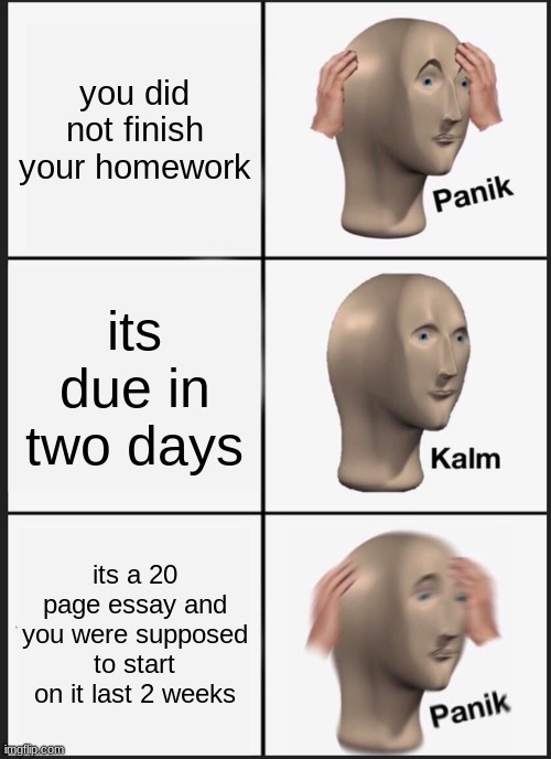 Panik Kalm Panik | you did not finish your homework; its due in two days; its a 20 page essay and you were supposed to start on it last 2 weeks | image tagged in memes,panik kalm panik | made w/ Imgflip meme maker