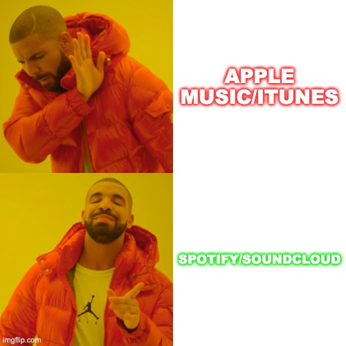 Drake Hotline Bling Meme | APPLE MUSIC/ITUNES; SPOTIFY/SOUNDCLOUD | image tagged in memes,drake hotline bling | made w/ Imgflip meme maker