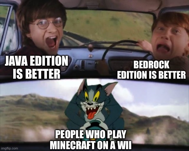 A meme I made for fun | BEDROCK EDITION IS BETTER; JAVA EDITION IS BETTER; PEOPLE WHO PLAY MINECRAFT ON A WII | image tagged in tom chasing harry and ron weasly,minecraft,dank,memes,dank memes,we live in a society | made w/ Imgflip meme maker