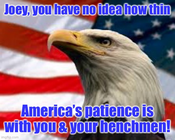 Murica Patriotic Eagle | Joey, you have no idea how thin America’s patience is with you & your henchmen! | image tagged in murica patriotic eagle | made w/ Imgflip meme maker
