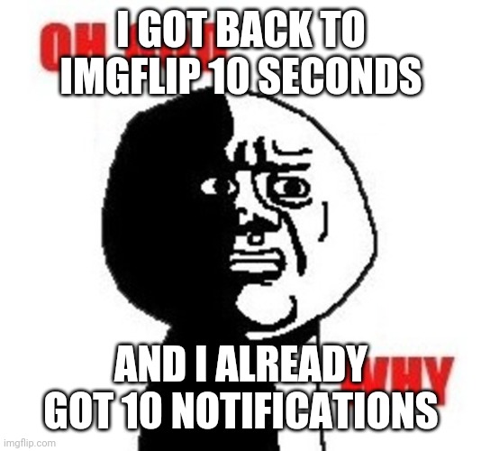 Oh God Why | I GOT BACK TO IMGFLIP 10 SECONDS; AND I ALREADY GOT 10 NOTIFICATIONS | image tagged in oh god why | made w/ Imgflip meme maker