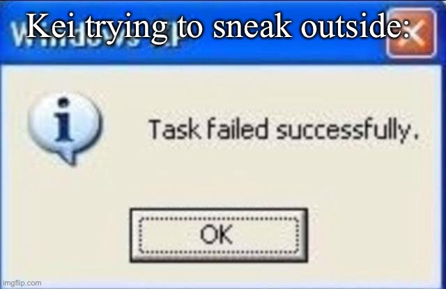 Task failed successfully | Kei trying to sneak outside: | image tagged in task failed successfully | made w/ Imgflip meme maker