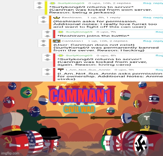 uh...... (mod note: where furrets) | CAMMAN1; CIVIL WAR | image tagged in wwii countryballs,furret,news,breaking news,civil war | made w/ Imgflip meme maker