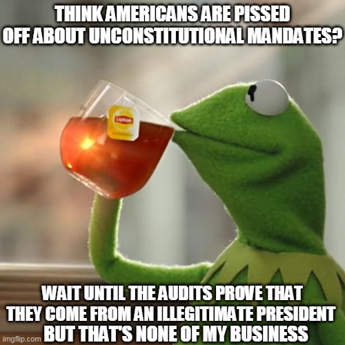 But That's None Of My Business | THINK AMERICANS ARE PISSED OFF ABOUT UNCONSTITUTIONAL MANDATES? WAIT UNTIL THE AUDITS PROVE THAT THEY COME FROM AN ILLEGITIMATE PRESIDENT; BUT THAT'S NONE OF MY BUSINESS | image tagged in memes,but that's none of my business,kermit the frog,vaccines,covid,biden | made w/ Imgflip meme maker