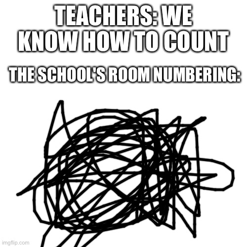 Relatable? | TEACHERS: WE KNOW HOW TO COUNT; THE SCHOOL'S ROOM NUMBERING: | image tagged in memes,blank transparent square,school,teachers,room,numbers | made w/ Imgflip meme maker