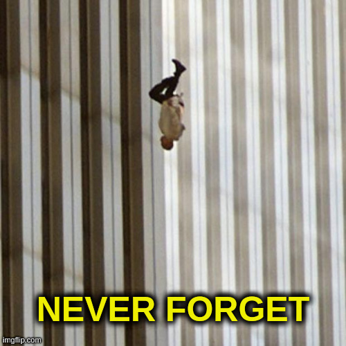Never Forget | NEVER FORGET | image tagged in the falling man,9/11,twin towers,never forget,heroes | made w/ Imgflip meme maker