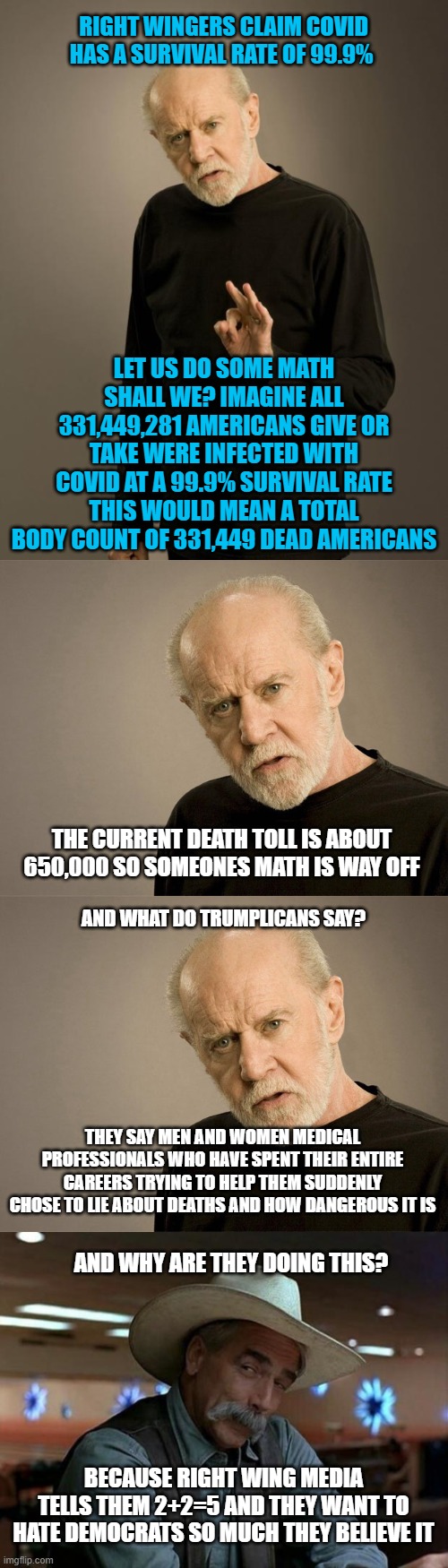 RIGHT WINGERS CLAIM COVID HAS A SURVIVAL RATE OF 99.9%; LET US DO SOME MATH SHALL WE? IMAGINE ALL 331,449,281 AMERICANS GIVE OR TAKE WERE INFECTED WITH COVID AT A 99.9% SURVIVAL RATE THIS WOULD MEAN A TOTAL BODY COUNT OF 331,449 DEAD AMERICANS; THE CURRENT DEATH TOLL IS ABOUT 650,000 SO SOMEONES MATH IS WAY OFF; AND WHAT DO TRUMPLICANS SAY? THEY SAY MEN AND WOMEN MEDICAL PROFESSIONALS WHO HAVE SPENT THEIR ENTIRE CAREERS TRYING TO HELP THEM SUDDENLY CHOSE TO LIE ABOUT DEATHS AND HOW DANGEROUS IT IS; AND WHY ARE THEY DOING THIS? BECAUSE RIGHT WING MEDIA TELLS THEM 2+2=5 AND THEY WANT TO HATE DEMOCRATS SO MUCH THEY BELIEVE IT | image tagged in george carlin,special kind of stupid | made w/ Imgflip meme maker