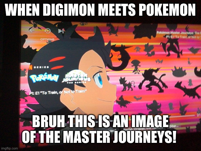 Bruh | WHEN DIGIMON MEETS POKEMON; BRUH THIS IS AN IMAGE OF THE MASTER JOURNEYS! | image tagged in bruh,what gives people feelings of power | made w/ Imgflip meme maker