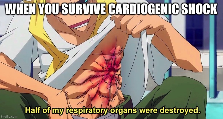 Half of my respiratory organs were destroyed | WHEN YOU SURVIVE CARDIOGENIC SHOCK | image tagged in half of my respiratory organs were destroyed | made w/ Imgflip meme maker