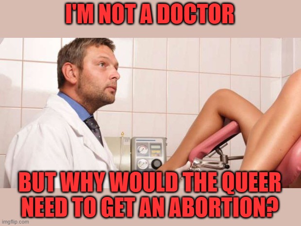 No, I'm not a real Doctor  | I'M NOT A DOCTOR BUT WHY WOULD THE QUEER NEED TO GET AN ABORTION? | image tagged in no i'm not a real doctor | made w/ Imgflip meme maker