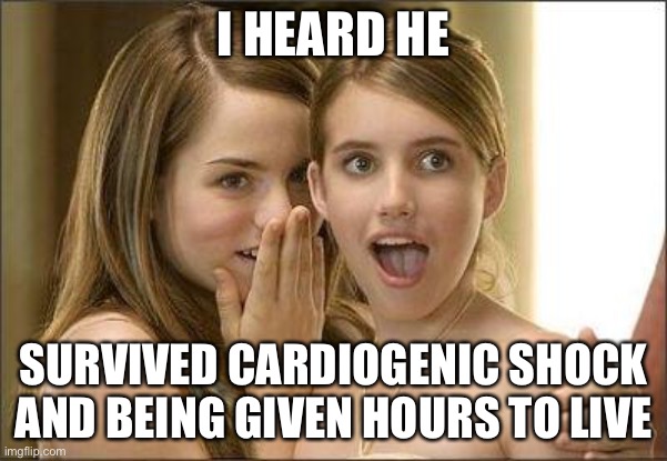 Cardiogenic shock: mortality rate 76-91% | I HEARD HE; SURVIVED CARDIOGENIC SHOCK AND BEING GIVEN HOURS TO LIVE | image tagged in girls gossiping,cardiogenic shock,terminal illness,dying,survival | made w/ Imgflip meme maker