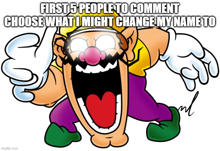 virus wario | FIRST 5 PEOPLE TO COMMENT CHOOSE WHAT I MIGHT CHANGE MY NAME TO | image tagged in virus wario | made w/ Imgflip meme maker