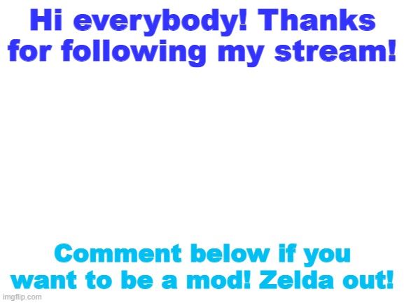 Offering chances to be a mod! ONE TIME OPPORTUNITY! | Hi everybody! Thanks for following my stream! Comment below if you want to be a mod! Zelda out! | image tagged in blank white template | made w/ Imgflip meme maker