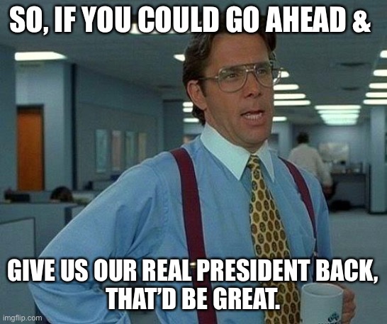 That Would Be Great Meme | SO, IF YOU COULD GO AHEAD &; GIVE US OUR REAL PRESIDENT BACK,
THAT’D BE GREAT. | image tagged in memes,that would be great,donald trump,trump 2020,creepy joe biden | made w/ Imgflip meme maker