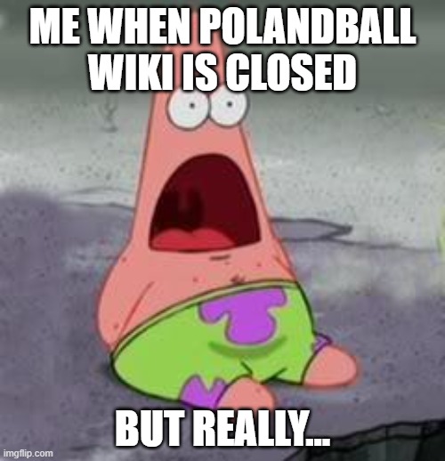 Suprised at Something | ME WHEN POLANDBALL WIKI IS CLOSED; BUT REALLY... | image tagged in suprised patrick | made w/ Imgflip meme maker