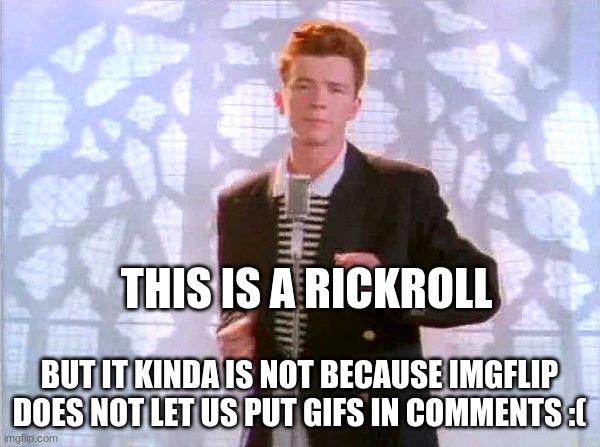 rickrolling | THIS IS A RICKROLL BUT IT KINDA IS NOT BECAUSE IMGFLIP DOES NOT LET US PUT GIFS IN COMMENTS :( | image tagged in rickrolling | made w/ Imgflip meme maker