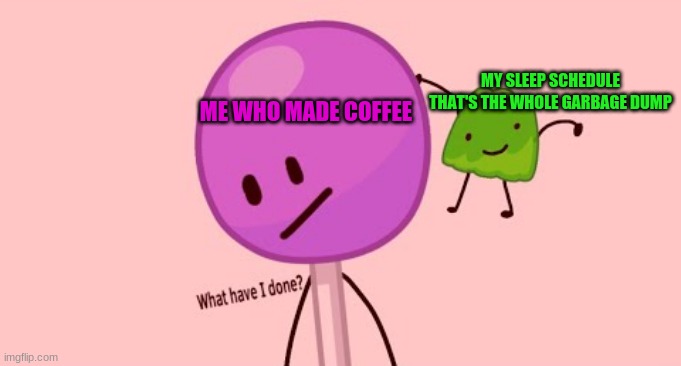 :) | MY SLEEP SCHEDULE THAT'S THE WHOLE GARBAGE DUMP; ME WHO MADE COFFEE | image tagged in what have i done | made w/ Imgflip meme maker
