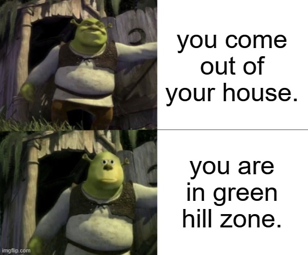 Shocked Shrek Face Swap | you come out of your house. you are in green hill zone. | image tagged in shocked shrek face swap | made w/ Imgflip meme maker