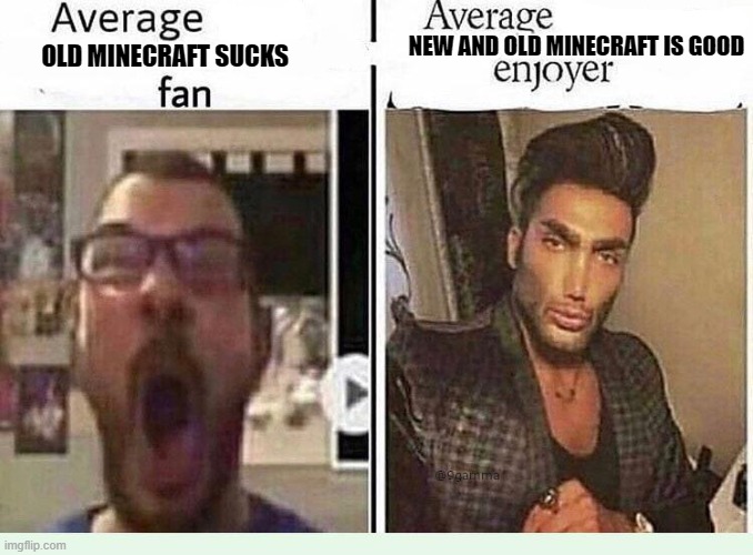 minecraft #1 | NEW AND OLD MINECRAFT IS GOOD; OLD MINECRAFT SUCKS | image tagged in average blank fan vs average blank enjoyer | made w/ Imgflip meme maker