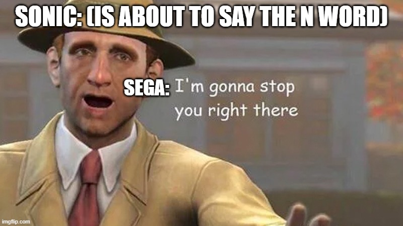 I'm gonna stop you right there | SONIC: (IS ABOUT TO SAY THE N WORD); SEGA: | image tagged in i'm gonna stop you right there | made w/ Imgflip meme maker