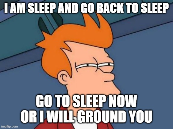 Bed | I AM SLEEP AND GO BACK TO SLEEP; GO TO SLEEP NOW OR I WILL GROUND YOU | image tagged in memes,futurama fry | made w/ Imgflip meme maker