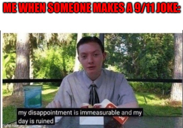I had enough of the 9/11 jokes | ME WHEN SOMEONE MAKES A 9/11 JOKE: | image tagged in my dissapointment is immeasurable and my day is ruined | made w/ Imgflip meme maker