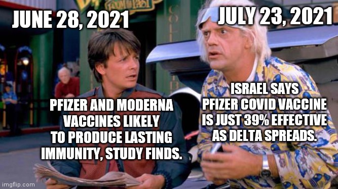 Vaccine efficacy | JUNE 28, 2021; JULY 23, 2021; ISRAEL SAYS PFIZER COVID VACCINE IS JUST 39% EFFECTIVE AS DELTA SPREADS. PFIZER AND MODERNA VACCINES LIKELY TO PRODUCE LASTING IMMUNITY, STUDY FINDS. | image tagged in back to the future | made w/ Imgflip meme maker