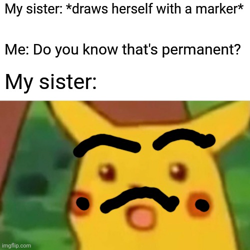 When your sister notice the marker is permanent be like: | My sister: *draws herself with a marker*; Me: Do you know that's permanent? My sister: | image tagged in memes,surprised pikachu,permanent marker | made w/ Imgflip meme maker