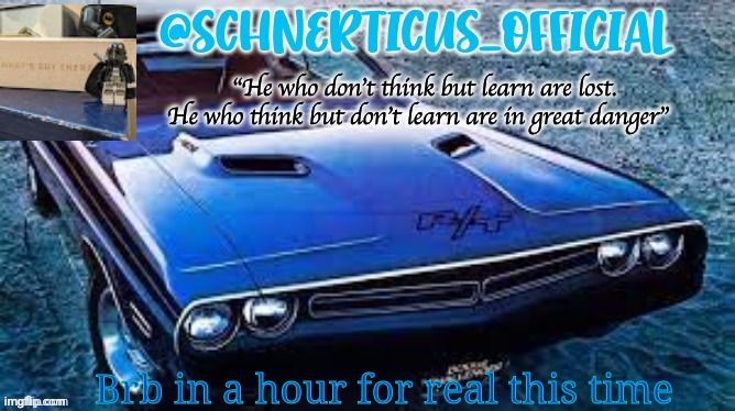 Schnerticus temp 2 | Brb in a hour for real this time | image tagged in schnerticus temp 2 | made w/ Imgflip meme maker