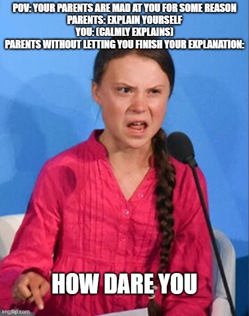 I... | POV: YOUR PARENTS ARE MAD AT YOU FOR SOME REASON
PARENTS: EXPLAIN YOURSELF
YOU: (CALMLY EXPLAINS)
PARENTS WITHOUT LETTING YOU FINISH YOUR EXPLANATION:; HOW DARE YOU | image tagged in greta thunberg how dare you | made w/ Imgflip meme maker